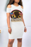 White Brown Casual Letter Print Flowers O Neck Printed Dresses