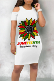 White Brown Casual Letter Print Flowers O Neck Printed Dresses