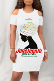 White Brown Casual Letter Print Flowers O Neck Printed Dresses