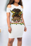 White Brown Casual Letter Print Flowers O Neck Printed Dresses