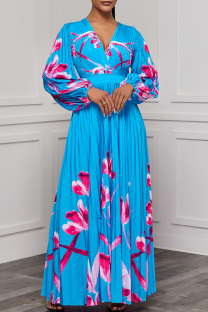 Lake Blue Elegant Print Patchwork Fold V Neck Long Dresses