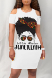 White Brown Casual Letter Print Flowers O Neck Printed Dresses