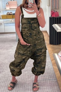 Army Green Casual Camouflage Print Patchwork Spaghetti Strap Regular Jumpsuits