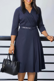 Deep Blue Elegant Solid Patchwork Fold With Belt V Neck A Line Dresses