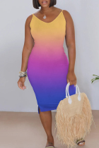 Yellow Purple Casual Gradient Patchwork V Neck Long Dresses