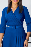 Deep Blue Elegant Solid Patchwork Fold With Belt V Neck A Line Dresses