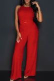 Red Casual Solid Bandage Patchwork O Neck Sleeveless Two Pieces