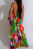 Multi-color Sexy Print Bandage Hollowed Out Backless Halter Sleeveless Two Pieces