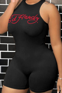 Black Sexy Print Patchwork O Neck Skinny Rompers