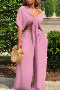 Purple Casual Solid Frenulum V Neck Short Sleeve Two Pieces