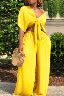 Yellow Casual Solid Frenulum V Neck Short Sleeve Two Pieces