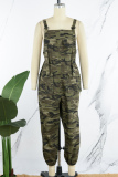 Army Green Casual Camouflage Print Patchwork Spaghetti Strap Regular Jumpsuits