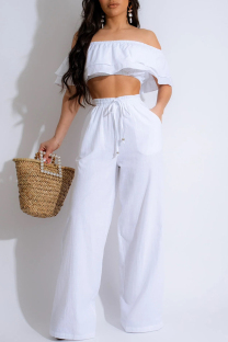 White Casual Solid Patchwork Backless Off the Shoulder Short Sleeve Two Pieces