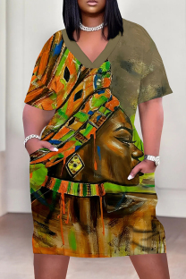 Green Casual Print Patchwork V Neck Straight Plus Size Dresses