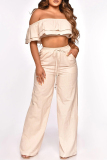 Rose Red Casual Solid Patchwork Backless Off the Shoulder Short Sleeve Two Pieces