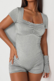 Black Sexy Solid Patchwork Fold Zipper Square Collar Skinny Rompers
