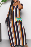 Cyan Casual Color Block Patchwork Pocket V Neck Long Dresses