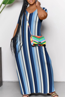 Blue Casual Color Block Patchwork Pocket V Neck Long Dresses