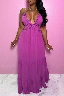 Purple Pink Sexy Casual Solid Bandage Backless Spaghetti Strap Long Dresses