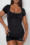 Black Sexy Solid Patchwork Fold Zipper Square Collar Skinny Rompers