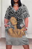 Gold Casual Print Patchwork V Neck Straight Plus Size Dresses
