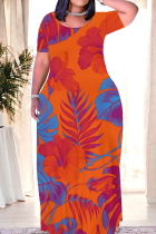 Tangerine Red Casual Print Patchwork O Neck Long Dresses