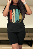 Black Casual Letter Geometric Print O Neck Short Sleeve Two Pieces
