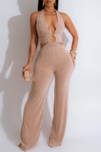 Apricot Sexy Solid Bandage Backless Halter Skinny Jumpsuits