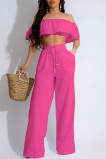 Rose Red Casual Solid Patchwork Backless Off the Shoulder Short Sleeve Two Pieces