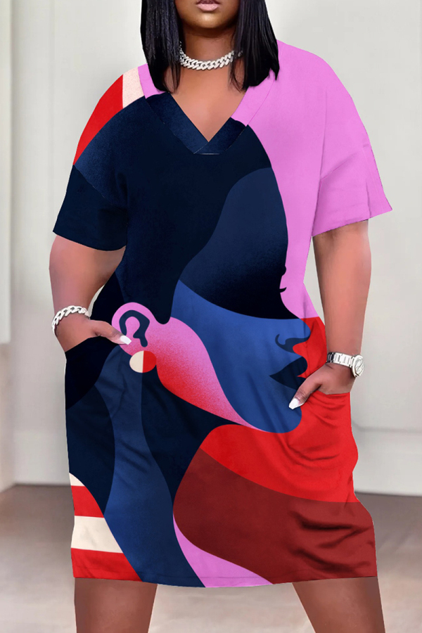 Pink Casual Print Patchwork Pocket V Neck Straight Plus Size Dresses