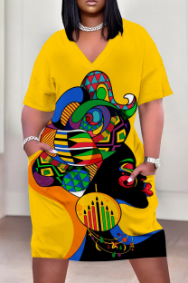 Yellow Casual Print Patchwork Pocket V Neck Straight Plus Size Dresses