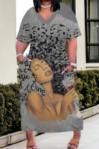 Grey Casual Print Patchwork V Neck Straight Plus Size Dresses