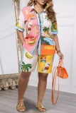 Multicolor Casual Print Patchwork Shirt Collar Short Sleeve Two Pieces