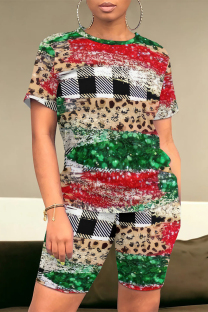 Red Green Casual Geometric Print Leopard Contrast O Neck Short Sleeve Two Pieces