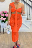 Tangerine Sweet Solid Bandage Hollowed Out Patchwork Strapless Sleeveless Two Pieces