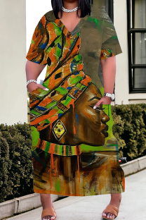 Green Casual Print Patchwork V Neck Straight Plus Size Dresses