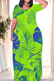 Fluorescent Green Casual Print Patchwork O Neck Long Dresses