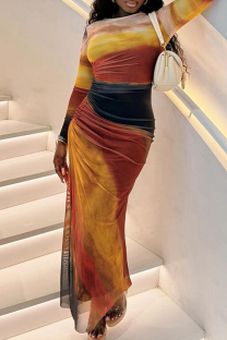 Brown Yellow Elegant Print Patchwork Fold O Neck Long Dresses