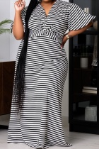 Black Casual Striped Print Patchwork V Neck Long Plus Size Dresses