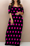 Black Pink Casual Print Patchwork Off the Shoulder Long Dresses