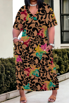 Brownness Casual Street Geometric Print Pocket V Neck Printed Plus Size Dresses