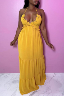 Yellow Sexy Casual Solid Bandage Backless Spaghetti Strap Long Dresses