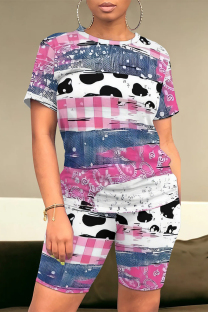 Powder Blue Casual Geometric Print Leopard Contrast O Neck Short Sleeve Two Pieces