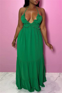 Green Sexy Casual Solid Bandage Backless Spaghetti Strap Long Dresses