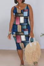 Light Pink Casual Print Patchwork V Neck Wrapped Skirt Dresses