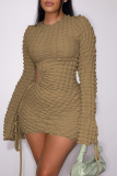 Blue Casual Solid Hollowed Out O Neck Long Sleeve Dresses