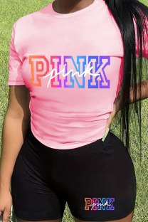 Pink Black Casual Print Patchwork O Neck Short Sleeve Two Pieces