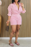 Pink Casual Striped Patchwork Turndown Collar Long Sleeve Two Pieces