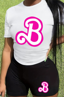 White Black Casual Letter Patchwork O Neck Short Sleeve Two Pieces