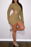 Blue Casual Solid Hollowed Out O Neck Long Sleeve Dresses
